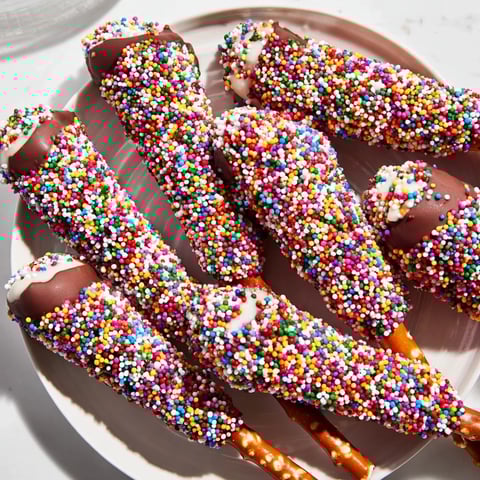 A colorful Rainbow Sprinkle Party Board brimming with dipped treats, perfect for celebrations and fun.