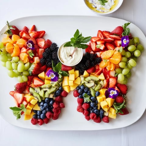 Vibrant Butterfly Garden Fruit Board, a colorful, edible art centerpiece with fresh berries and pineapple.