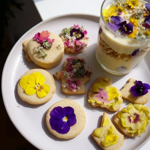A Spring Flower Dessert Tray featuring colorful desserts, adorned with edible blooms, ready to eat.