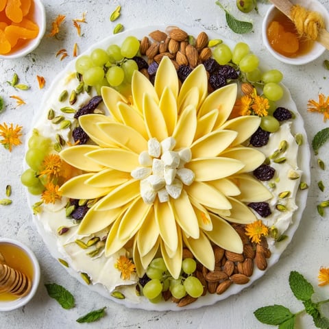 A blooming Daffodil Cheese Board, brimming with textures from creamy brie to crunchy almonds, ready to enjoy.