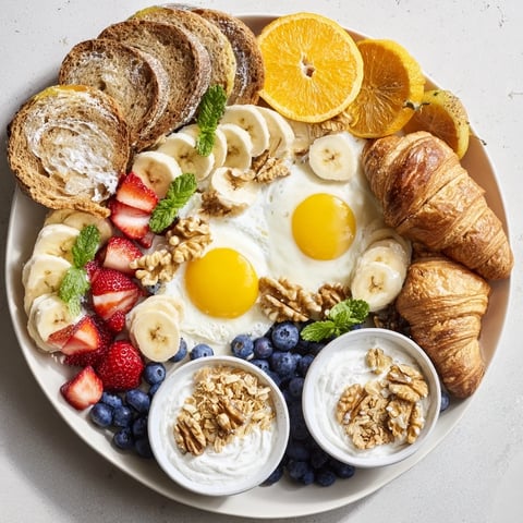 A Soleil Matinal breakfast platter showing colorful fruits, golden eggs, and buttery croissants.