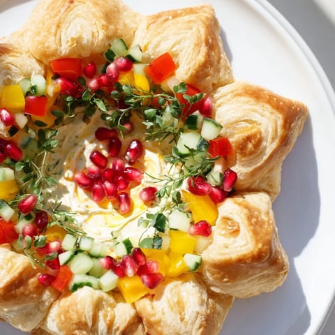 Golden-brown Savory Tartlets, mini appetizer wreaths, filled with creamy cheese and colorful vegetable toppings.