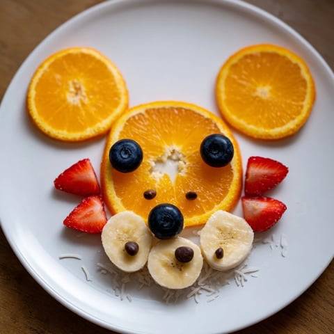 Vibrant orange slices form a cute bear face on this fruit board, a fun snack for kids.