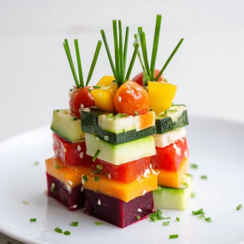 Vibrant Stacked Gift Box Veggie Cubes, a delightful appetizer with colorful layered vegetable blocks.