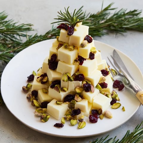 Festive cranberry white cheddar tree bursting with color, perfect for holiday appetizers, served with crackers.