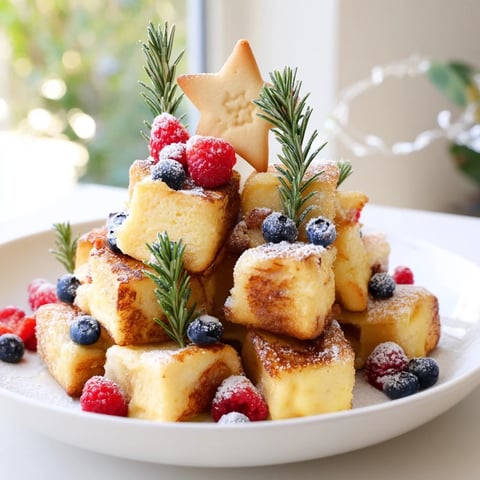 Golden-brown Eggnog French Toast Bites artistically arranged into a delicious, festive holiday tree.