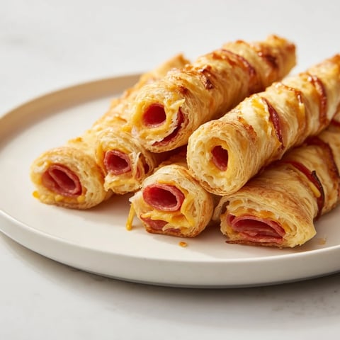 Golden, flaky Sliced Cheddar and Salami Scrolls, fresh from the oven, ready to enjoy.