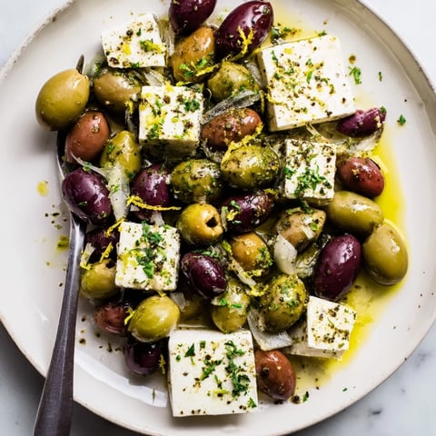 Holiday Mix: Mixed Olives with Feta Cubes, a colorful, marinated olive and feta appetizer.