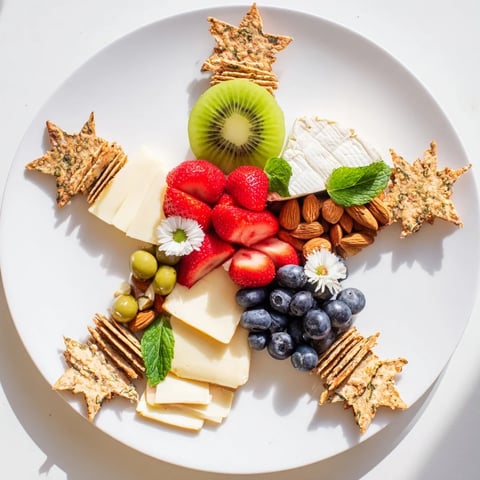 Appetizing platter of The Negative Space Puzzle showcasing a star-shaped void among fresh fruits, cheeses, and olives.