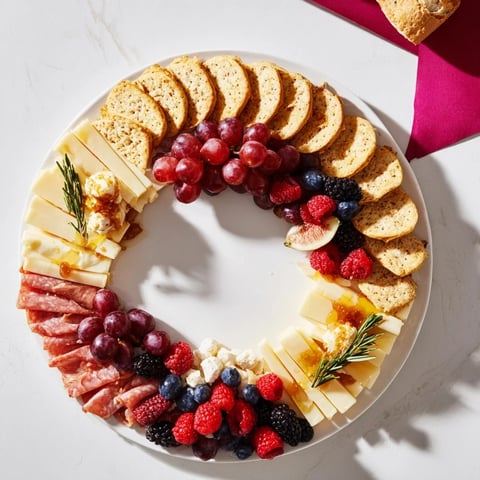 An Ouroboros Circle appetizer platter, featuring cheeses, meats, crackers, and seasonal fruits beautifully arranged.