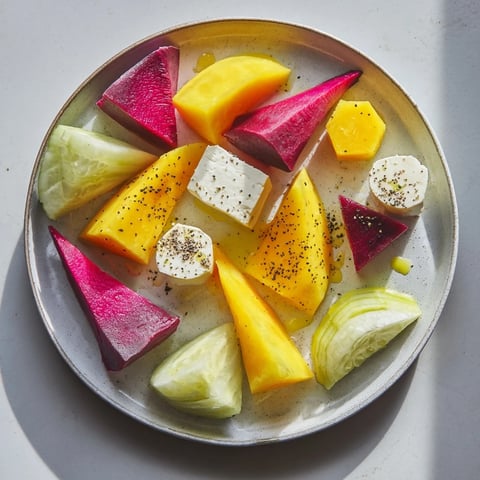 Vibrant geometric shapes of the Cubist Deconstruction appetizer, colorful vegetables and feta cheese artfully arranged.