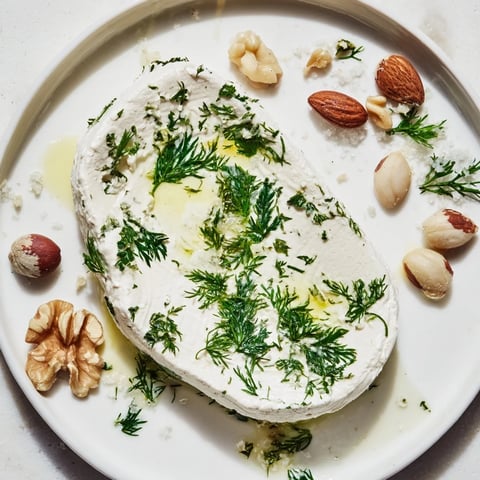 Appetizing "Fossil Record" appetizer with creamy cheese and delicate herb impressions next to rustic nuts.