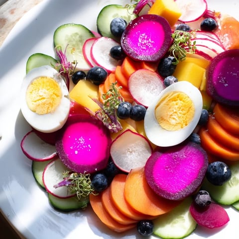 A vibrant The Neon Night appetizer platter featuring colorful pickles, eggs, and fruit, ready to serve.
