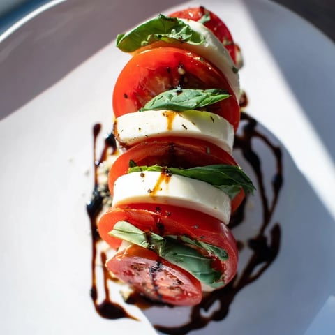 A beautiful Tuscan Pillar appetizer: layers of tomato, mozzarella, basil, drizzled with olive oil.