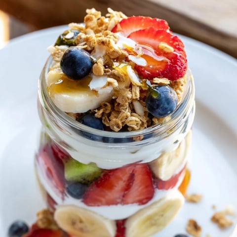 Layered yogurt fruit parfait with vibrant berries and crunchy granola, a light and creamy breakfast.