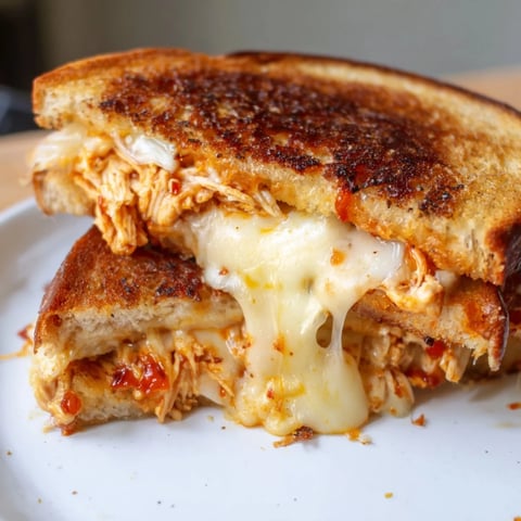Golden brown Chili Crisp Honey Chicken Grilled Cheese, oozing melted cheese, ready to eat alongside a cold beer.