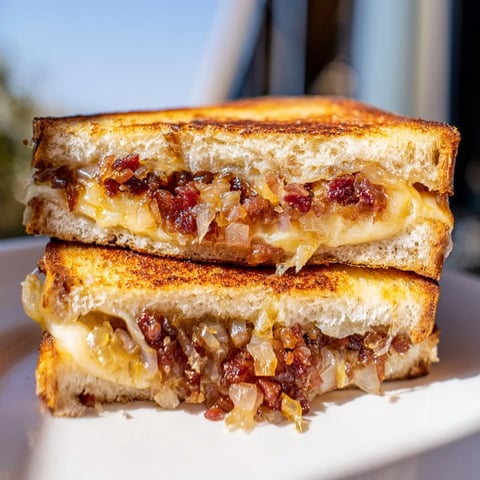 Golden, gooey Bacon Jam Grilled Cheese melting with sharp cheddar and Gruyère, ready to savor.