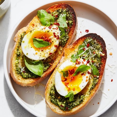Pesto egg toast topped with bright green pesto, perfectly golden toast, and creamy yolks.