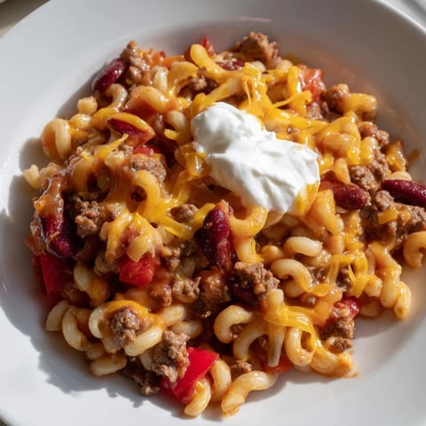 Golden, creamy One-Pot Chili Mac topped with melted cheddar, ready for a hearty dinner.