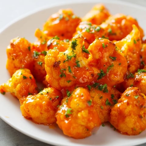 Golden-brown Buffalo Cauliflower Bites ready to eat, served with a creamy vegan dipping sauce.