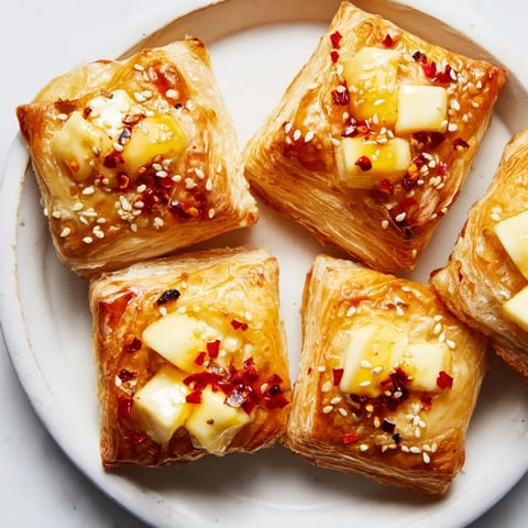 Golden, crispy Chili Crisp Honey Brie Bites, showcasing melty brie with a drizzle of honey and chili crisp.