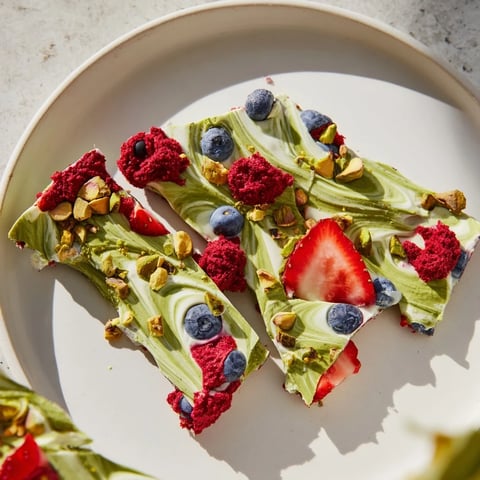 Creamy frozen yogurt bark swirled with vibrant berries and pistachios, a delicious dessert.