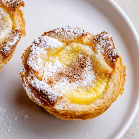 Golden brown Portuguese egg tarts with a creamy custard filling, dusted with powdered sugar, ready to enjoy.