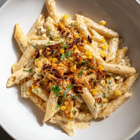 Creamy Mexican Street Corn Pasta, with vibrant corn, cheese, and a zesty lime dressing, ready to enjoy.