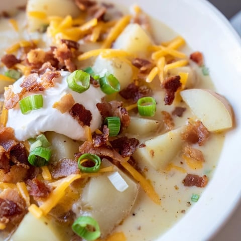 Loaded Baked Potato Soup, a creamy, savory bowl with melted cheese and crispy bacon.