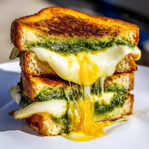 Golden-brown sourdough grilled cheese slices, filled with vibrant spinach pesto and gooey melted mozzarella and cheddar cheese.
