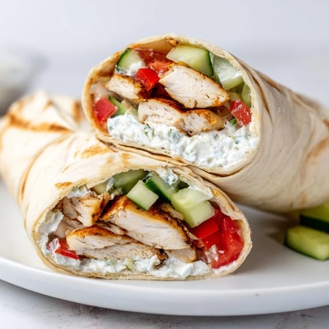 Savory Greek Chicken Wrap with grilled chicken, tzatziki, and fresh veggies in a soft pita.