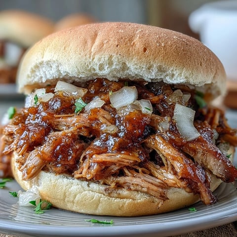 Golden brown Applesauce Pulled Pork Sandwiches piled high on a toasted bun next to a slow cooker.