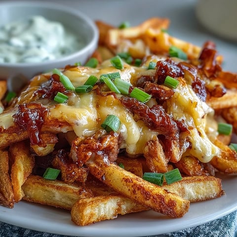 Cheesy BBQ Fries with Ranch Dip topped with melted cheddar and fresh green onions.