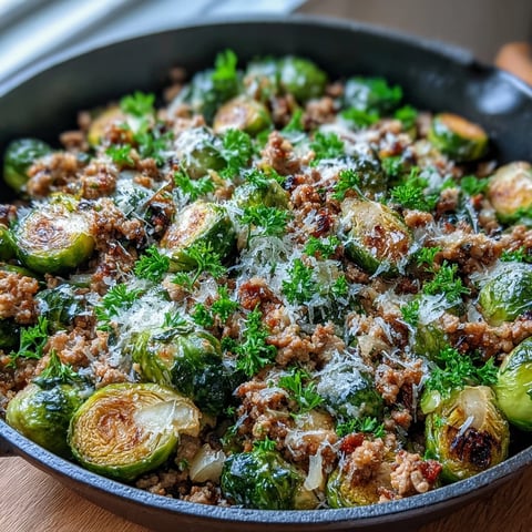 Sizzling Brussels sprouts and ground turkey cook with garlic and paprika in a skillet, finished with fresh parsley for an easy weeknight dinner.
