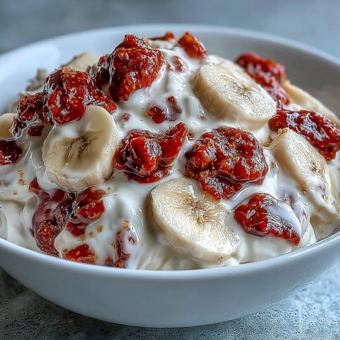 Frozen Strawberry & Banana Yoghurt Clusters on a parchment-lined baking sheet, ready to be served.
