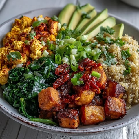 Golden roasted sweet potatoes and turmeric-spiced tofu scramble on a bed of fluffy quinoa for a vegan breakfast bowl.
