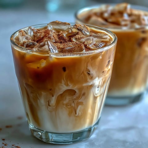 Refreshing Iced Hojicha with Cinnamon in a glass, filled with ice cubes, creamy milk swirls, and a light cinnamon dusting.