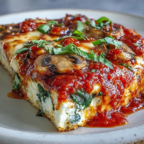 Freshly baked Cottage Cheese Pizza Bowl with melted mozzarella, colorful peppers, and mushrooms steaming in a ceramic dish.
