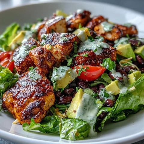 Close-up of High Protein Southwest Chicken Salad featuring grilled chicken slices, creamy avocado, black beans, corn, and zesty lime-cilantro dressing over crisp romaine lettuce.