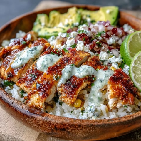 A close-up of Street Corn Chicken Rice Bowl with sliced avocado and creamy tajín-lime sauce.