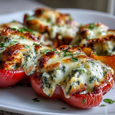 Golden bubbly mozzarella tops baked mini sweet peppers stuffed with creamy pesto chicken filling on a baking sheet. Pesto Chicken Stuffed Sweet Peppers.