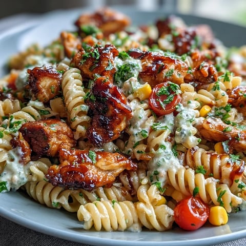 Freshly cooked Honey BBQ Chicken Pasta Salad featuring tender chicken cubes and vibrant cherry tomatoes on a rustic plate.