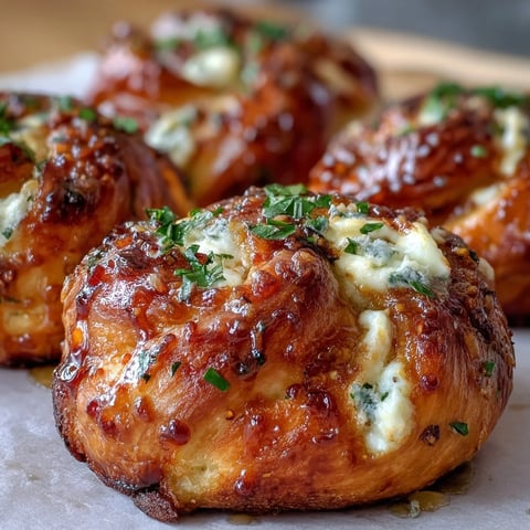 Golden-brown Hot Honey Ricotta Stuffed Garlic Knots brushed with garlic butter and drizzled with spicy honey.