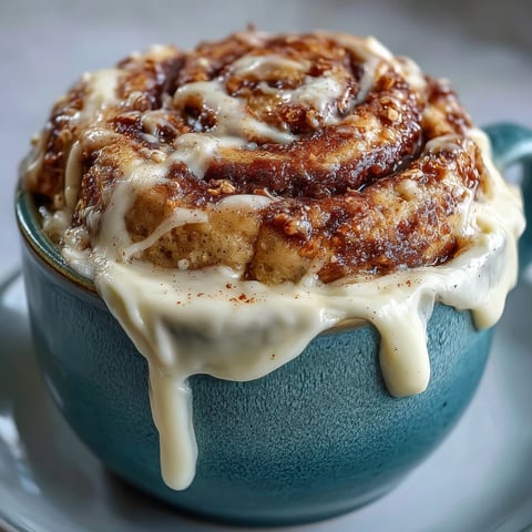 Freshly microwaved High-Protein Cinnamon Roll Mug Cake topped with a creamy dollop of tangy cream cheese frosting. 