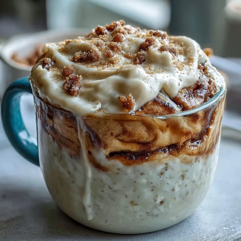 Warm High-Protein Cinnamon Roll Mug Cake topped with creamy frosting and a visible cinnamon swirl. 