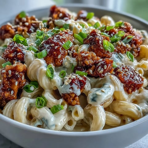 Creamy Korean-Style Turkey Mac & Cheese topped with scallions and sesame seeds, served in a white bowl.
