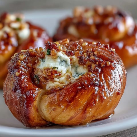 Golden-brown Hot Honey Ricotta Stuffed Garlic Knots on a baking sheet, brushed with garlic butter and drizzled with spicy honey.