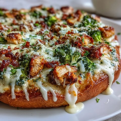 Garlic Parmesan Chicken & broccoli pizza features golden crust, creamy white sauce, and bubbling mozzarella, ready to slice for dinner.