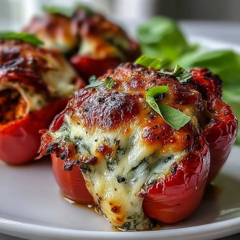 Golden baked pesto chicken stuffed sweet peppers with melted mozzarella and fresh basil garnish on a rustic wooden board.