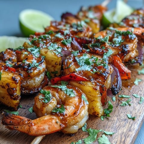 Grilled Shrimp and Pineapple Skewers with Cilantro Lime garnished with fresh herbs.